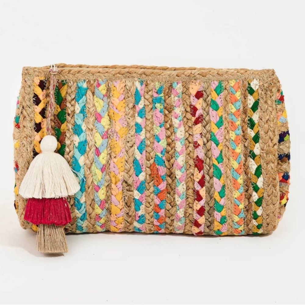 ANTIK KRAFT Beige Woven Jute Raffia Multicolor Braided Strip Fabrics Clutch NWT